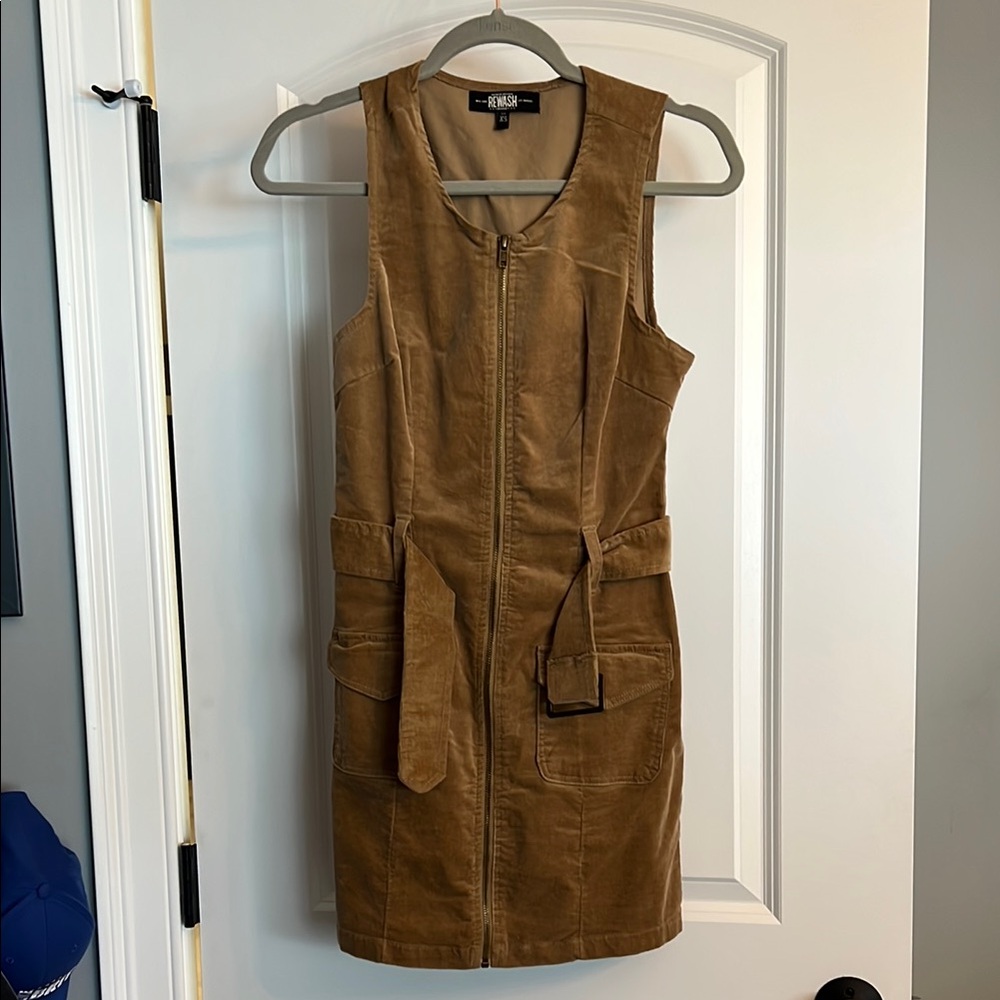 Rewash Tan Corduroy Zip-Front Utility Dress